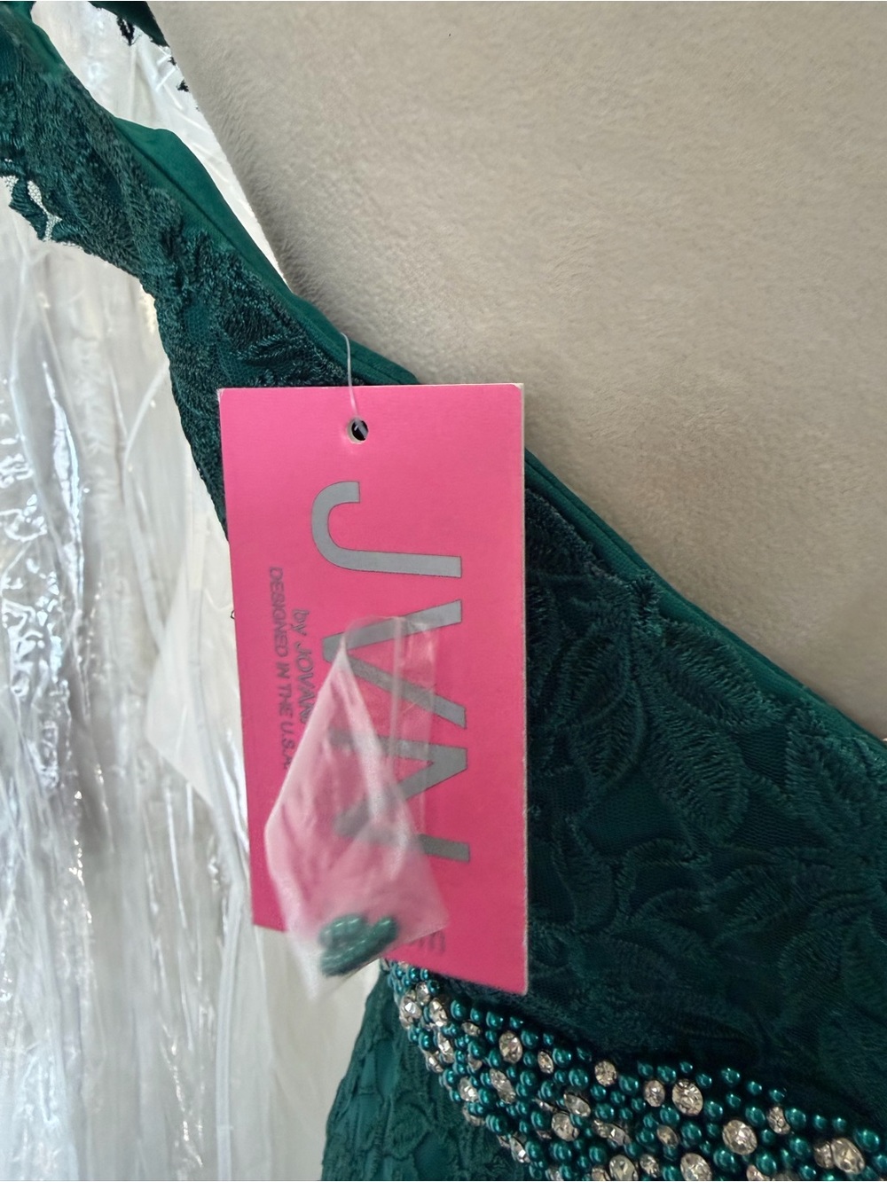 JVN Emerald Lace Off-Shoulder Dress with Beaded Waist - Picture 11 of 11